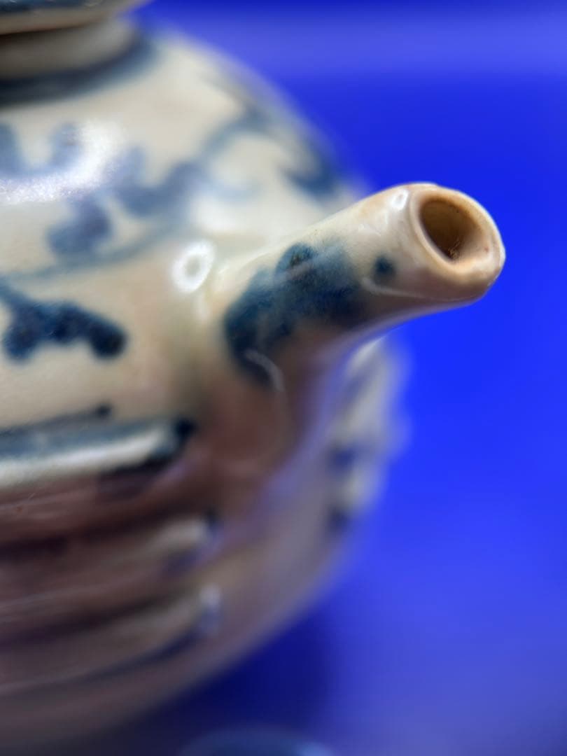 【骨董・古陶磁】中国/台湾 八卦文 青花（染付）小ぶりな急須 茶器 銘有