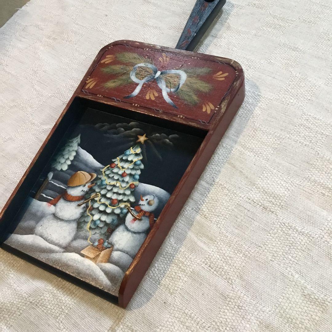 トールペイント　雪だるまとクリスマスツリーの木製トレイ