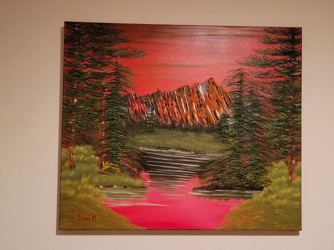 油彩画 自然の風景 赤い空と緑の木々