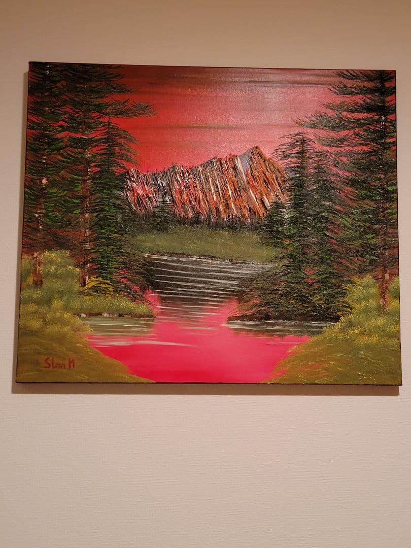 油彩画 自然の風景 赤い空と緑の木々