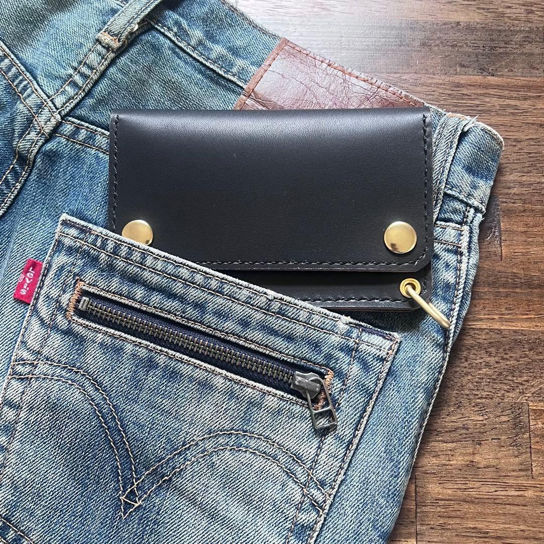 牛革 茶芯 トラッカーウォレット ミドル 黒 2mm