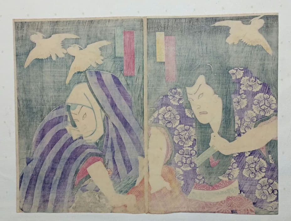 浮世絵版画、役者絵三枚綴りの内の2枚売り2枚繋がってます。豊原国周画、明治期出版