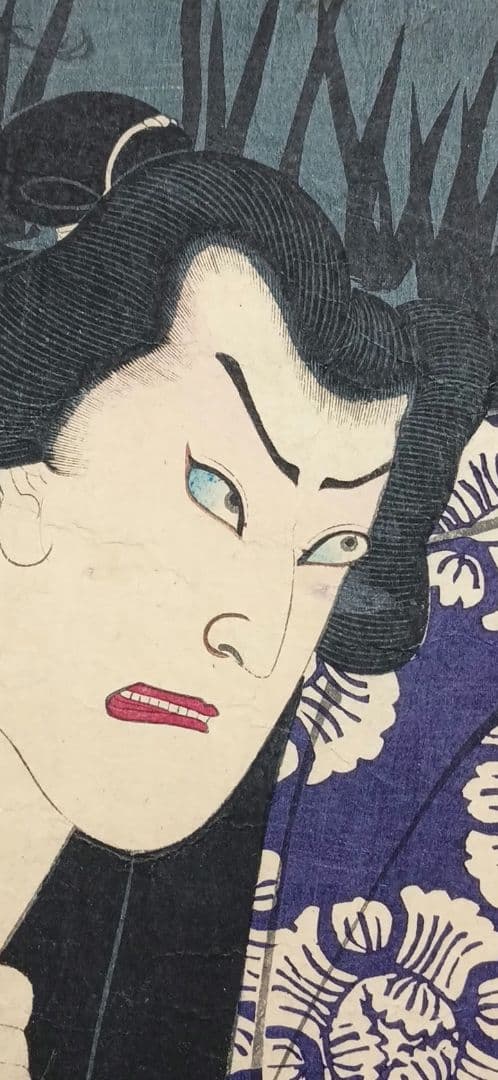 浮世絵版画、役者絵三枚綴りの内の2枚売り2枚繋がってます。豊原国周画、明治期出版