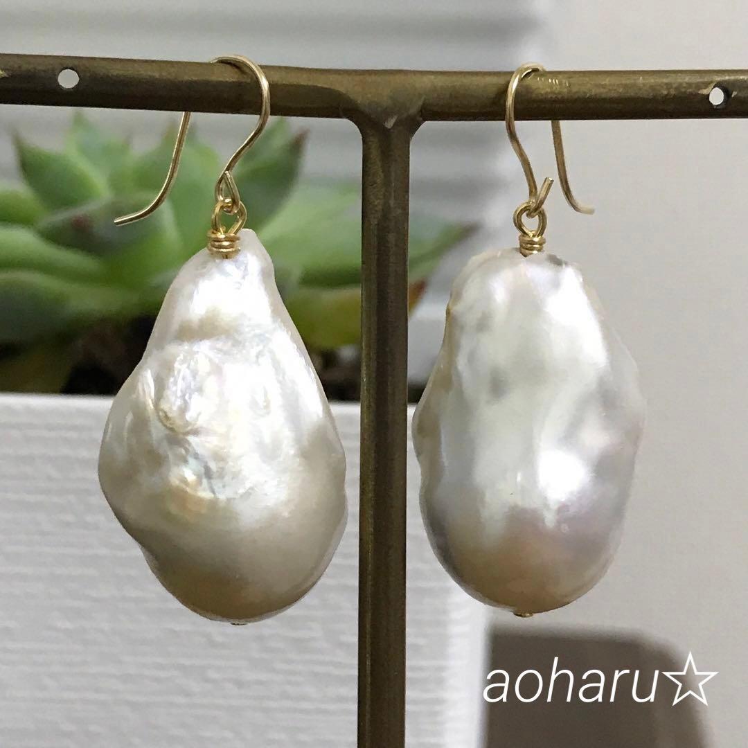 14kgf 大粒 オイスターパール ピアス イヤリング 淡水パール バロック