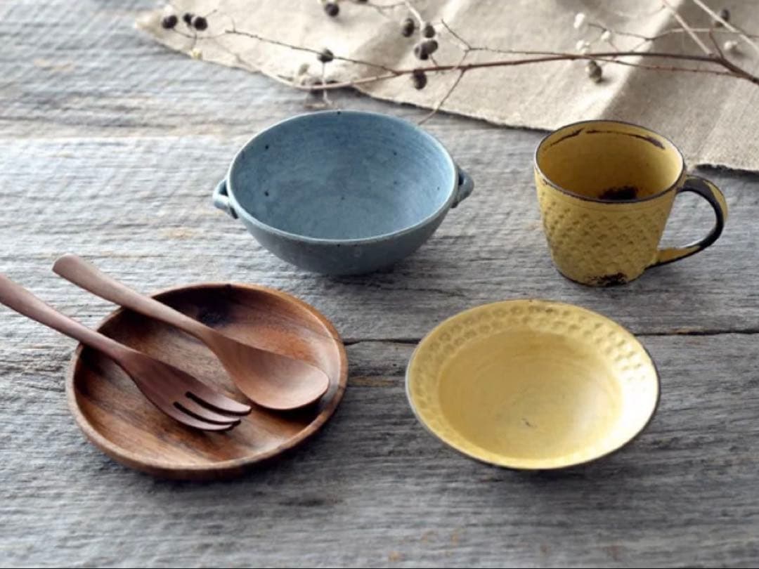 武曽健一 印花6寸皿（青）(黄) 印花小鉢(青)（黄）作家もの 陶器 土もの