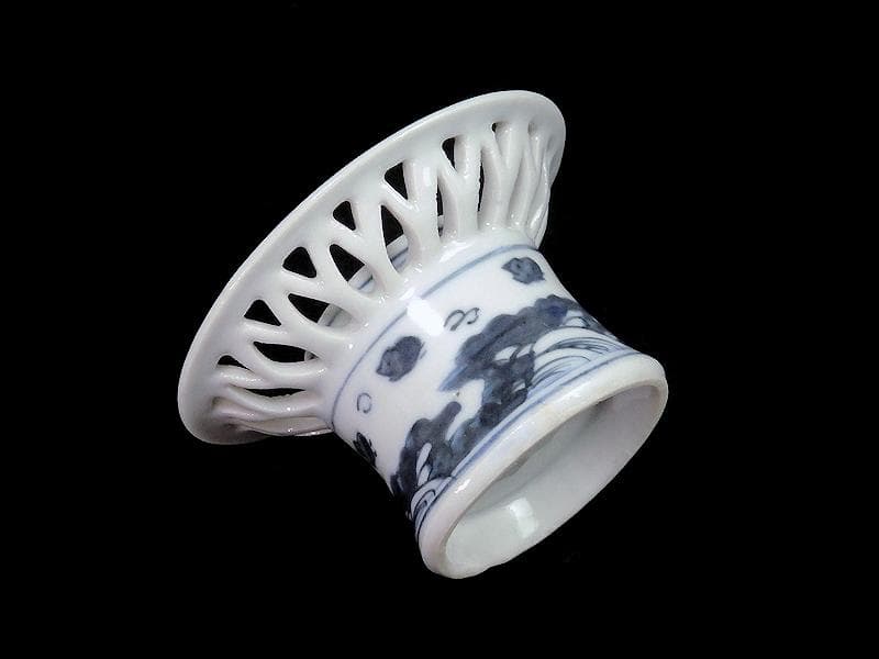 古伊万里　染付　透かし　波千鳥の図　盃台　D195AS-fbhb