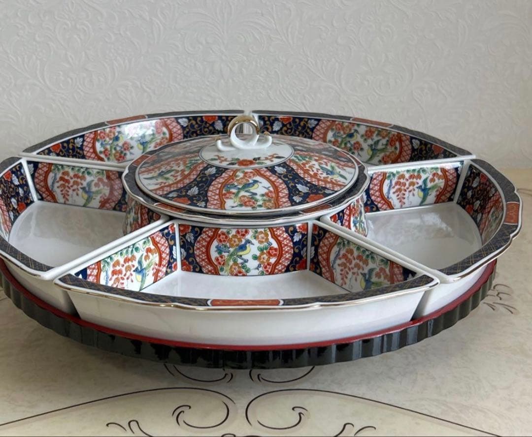 第一陶器　錦花鳥　回転オードブル皿　高台皿　仕切り皿　大皿　色絵　古伊万里　正月