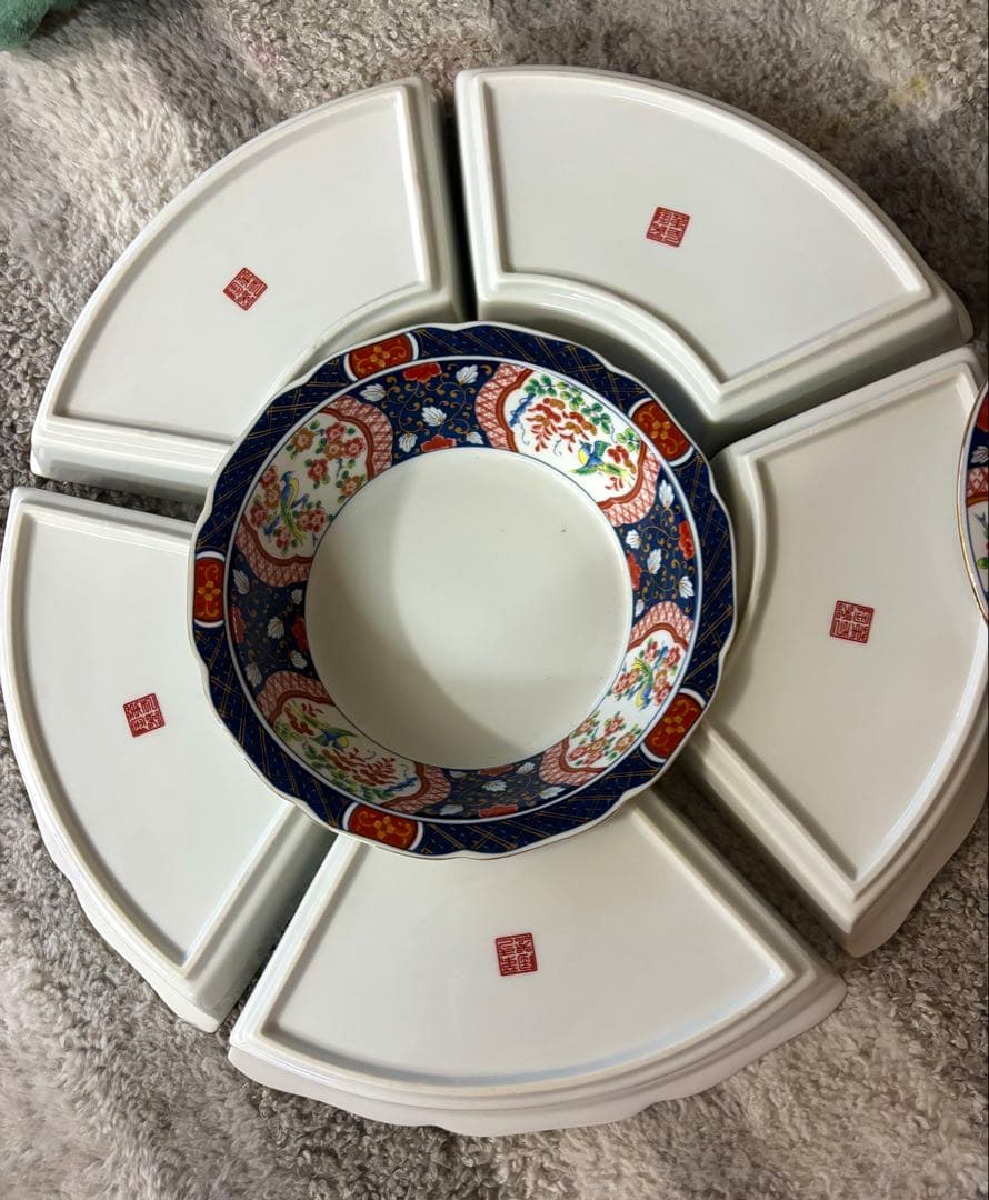 第一陶器　錦花鳥　回転オードブル皿　高台皿　仕切り皿　大皿　色絵　古伊万里　正月