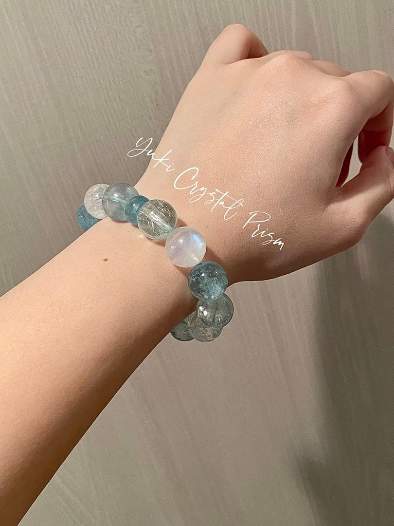 高品質アクアマリン×ブルームーンストーン×ハーキマーダイヤモンド　ブレスレット