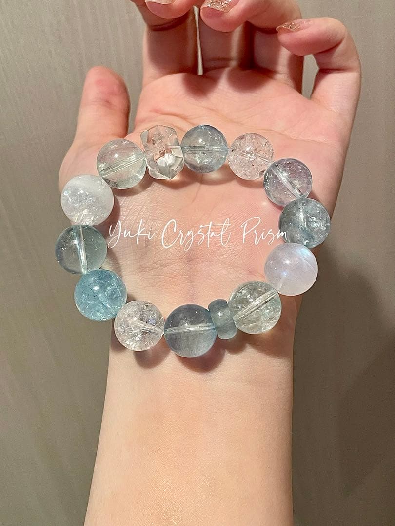 高品質アクアマリン×ブルームーンストーン×ハーキマーダイヤモンド　ブレスレット