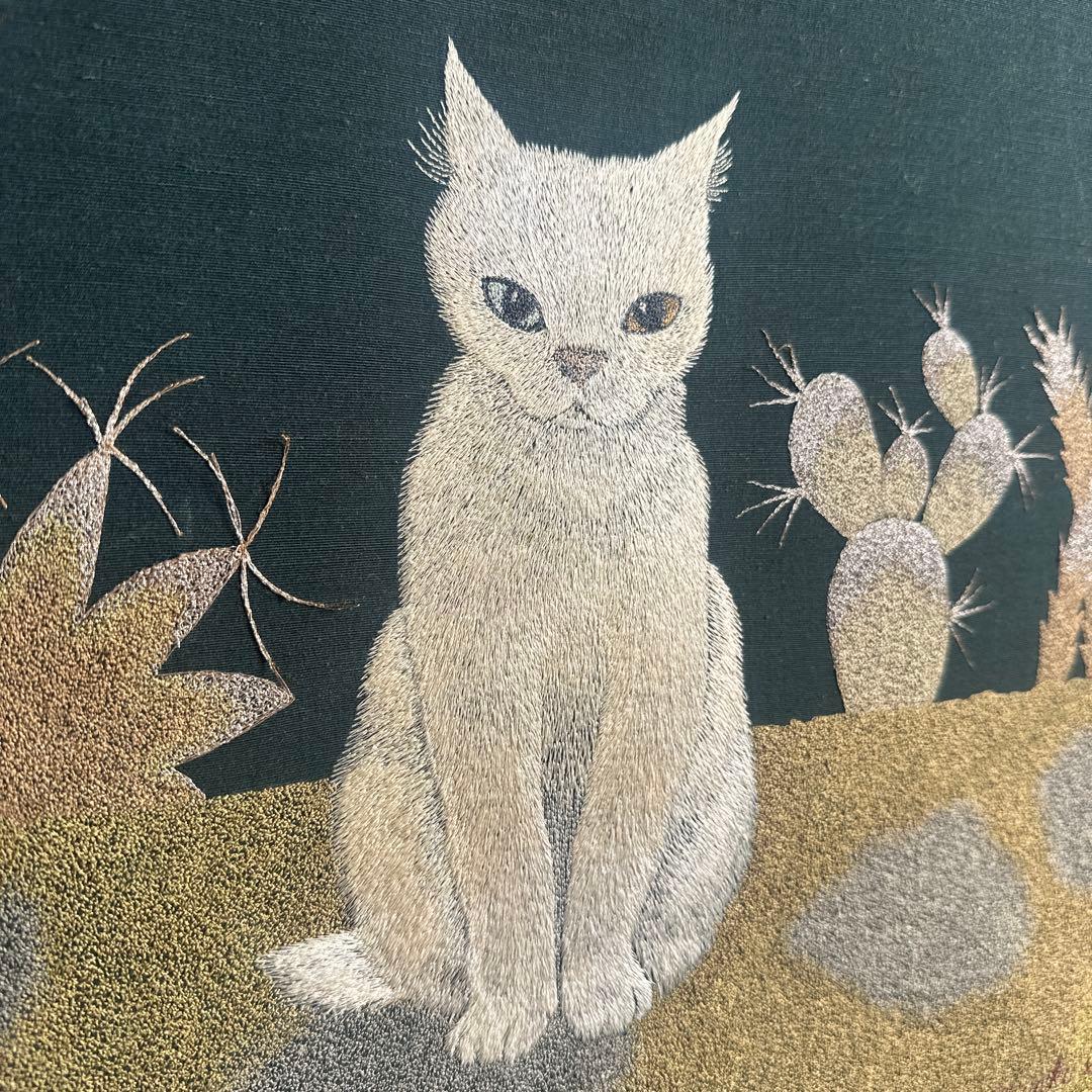 お値下げ❣️素敵すぎる！ヴィンテージ　猫とサボテンの刺繍パネル