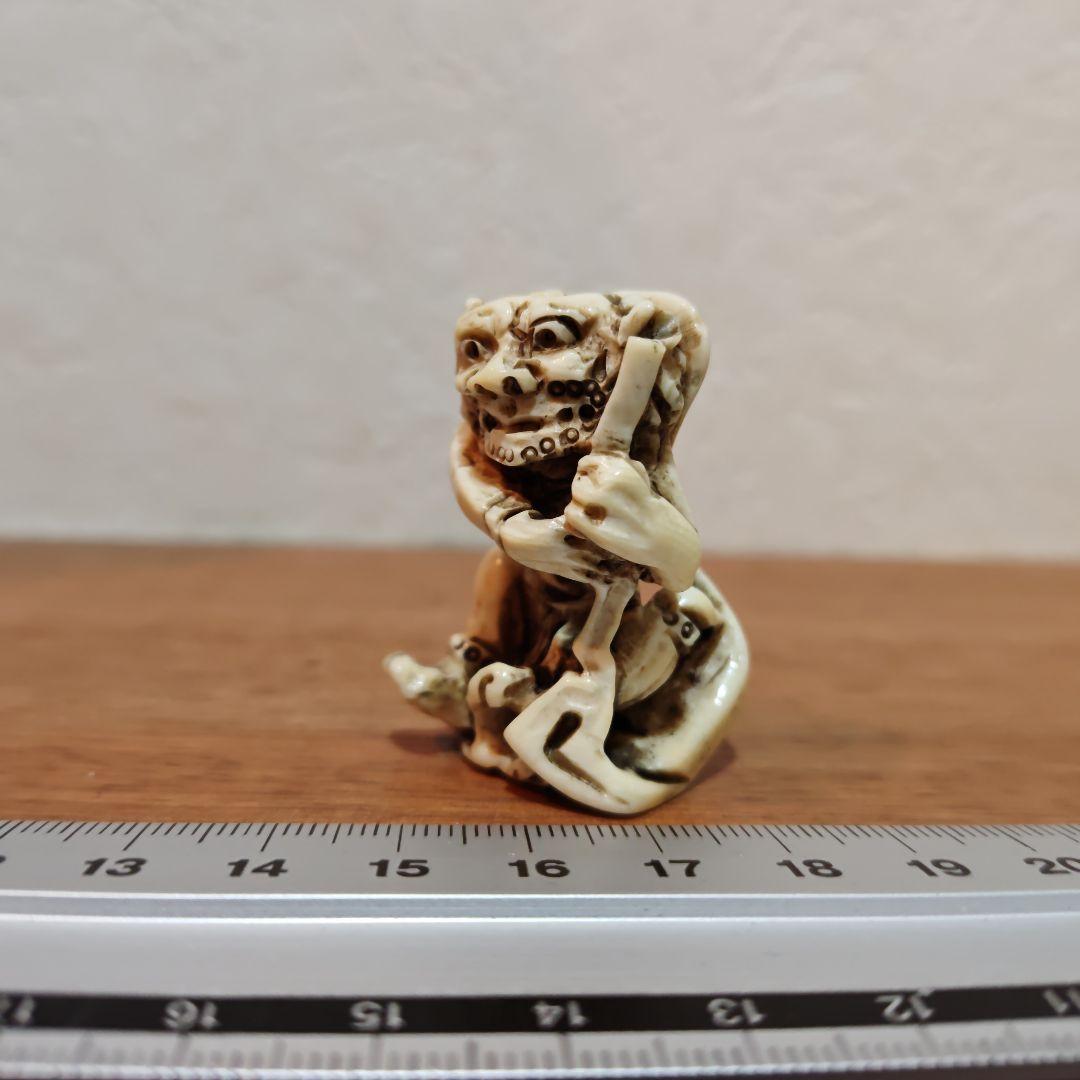 時代提物 神像根付 天然素材 在銘【風神雷神】高さ約4.4cm 重19ｇ 厄除け