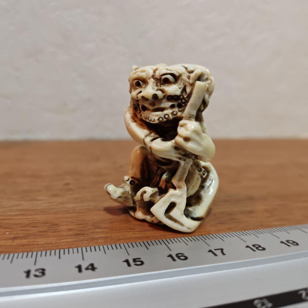 時代提物 神像根付 天然素材 在銘【風神雷神】高さ約4.4cm 重19ｇ 厄除け