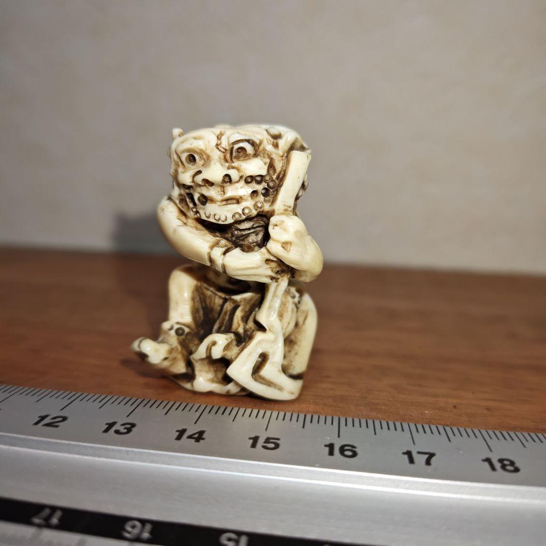 時代提物 神像根付 天然素材 在銘【風神雷神】高さ約4.4cm 重19ｇ 厄除け