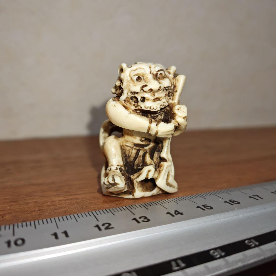 時代提物 神像根付 天然素材 在銘【風神雷神】高さ約4.4cm 重19ｇ 厄除け