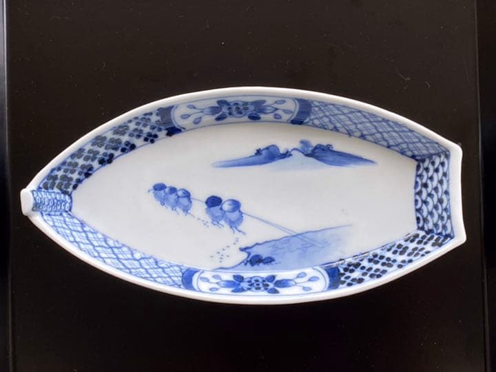 古伊万里　染付　舟形　変形皿　六枚揃