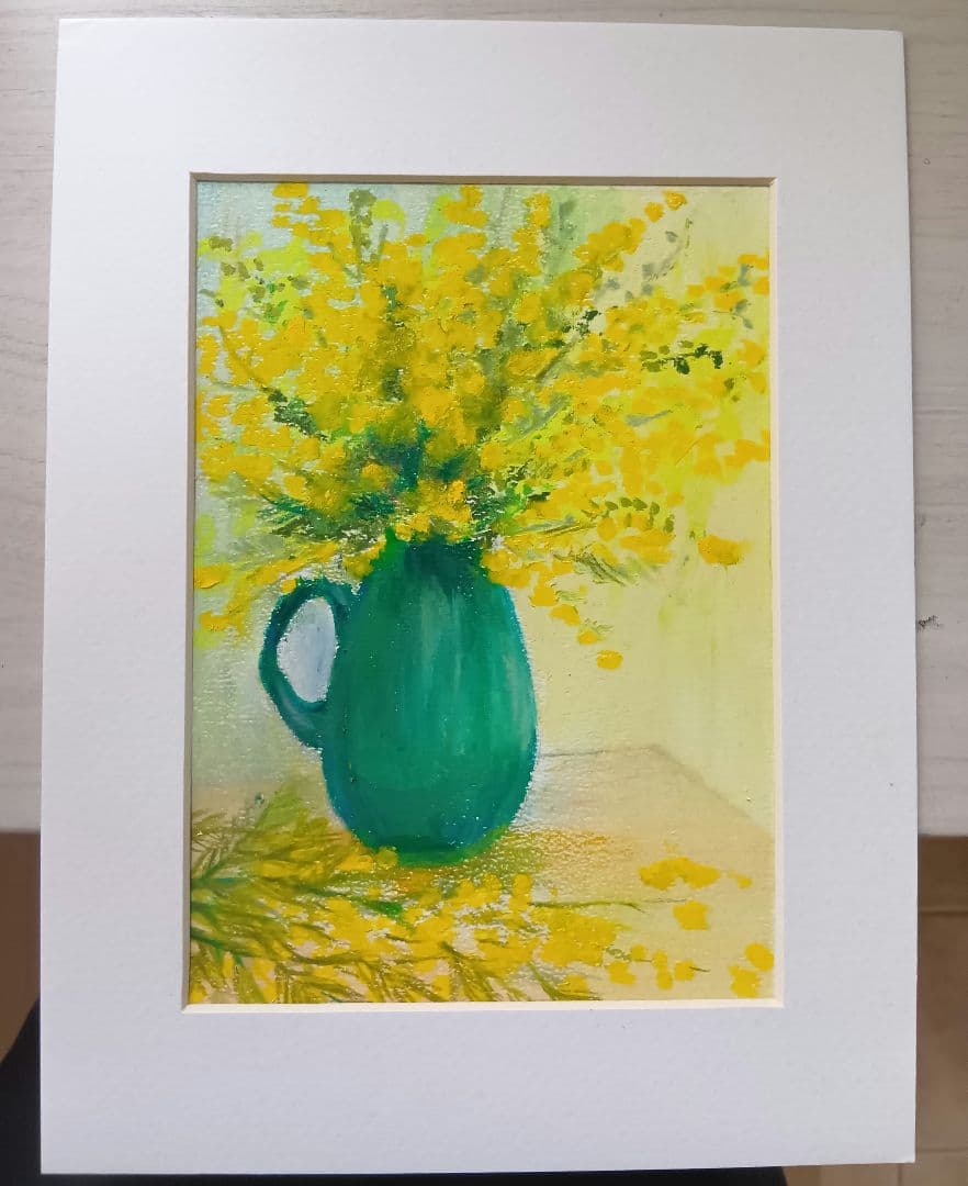 黄色の花　オイルパステル原画　【額付き】　風水　金運