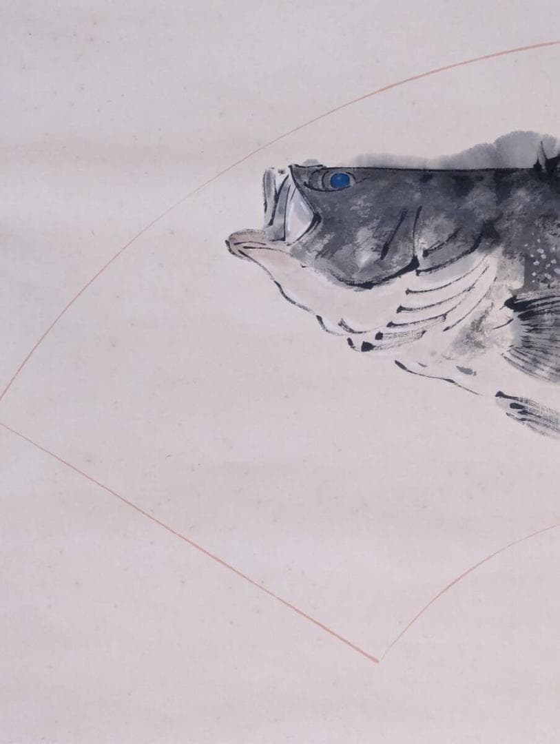 【真作】掛軸　魚図　水墨写生の逸品　迫力ある魚姿を描く　二重箱入　V83