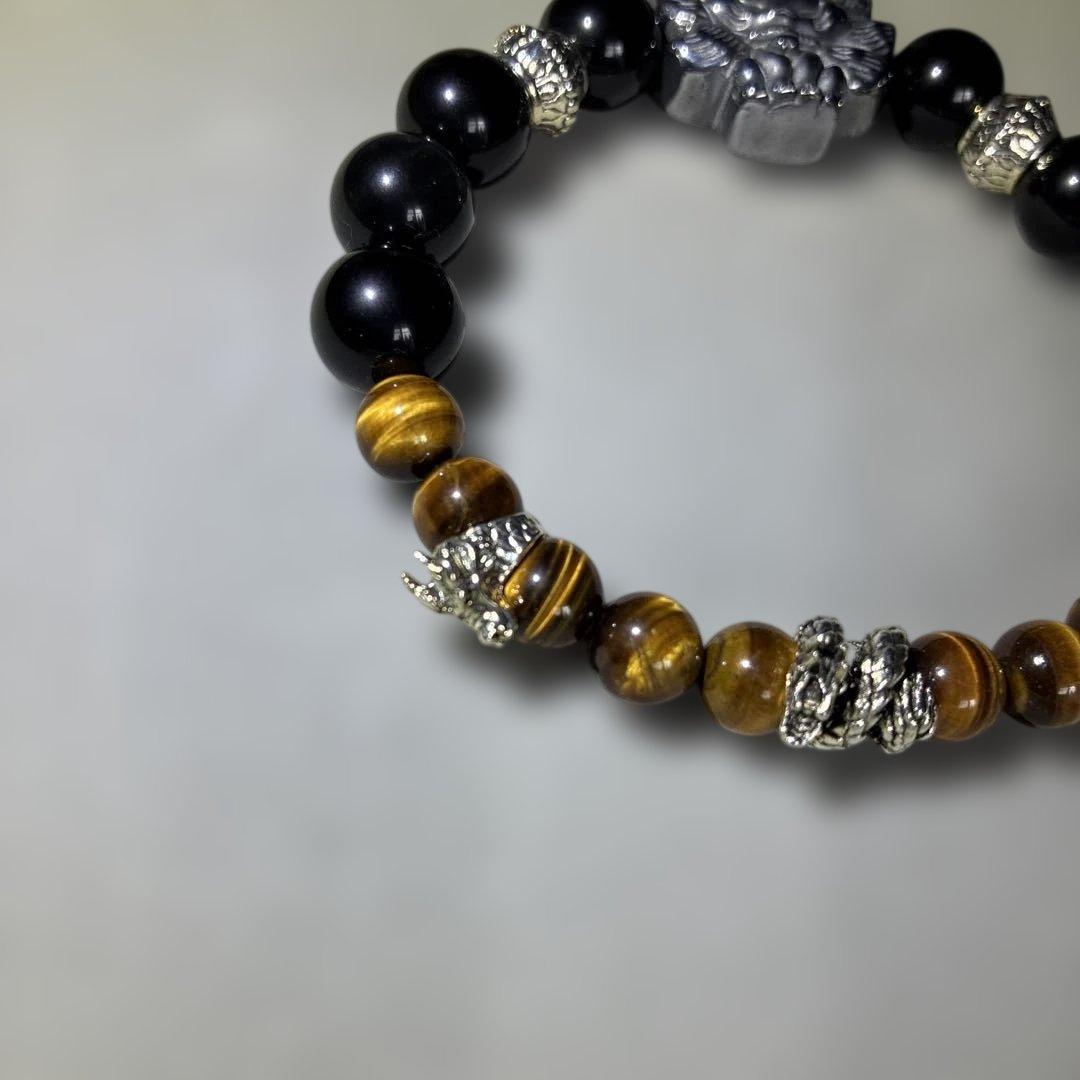 レインボーオブシディアン×タイガーアイ 九尾の狐 ブレスレット 天然石 金運開運