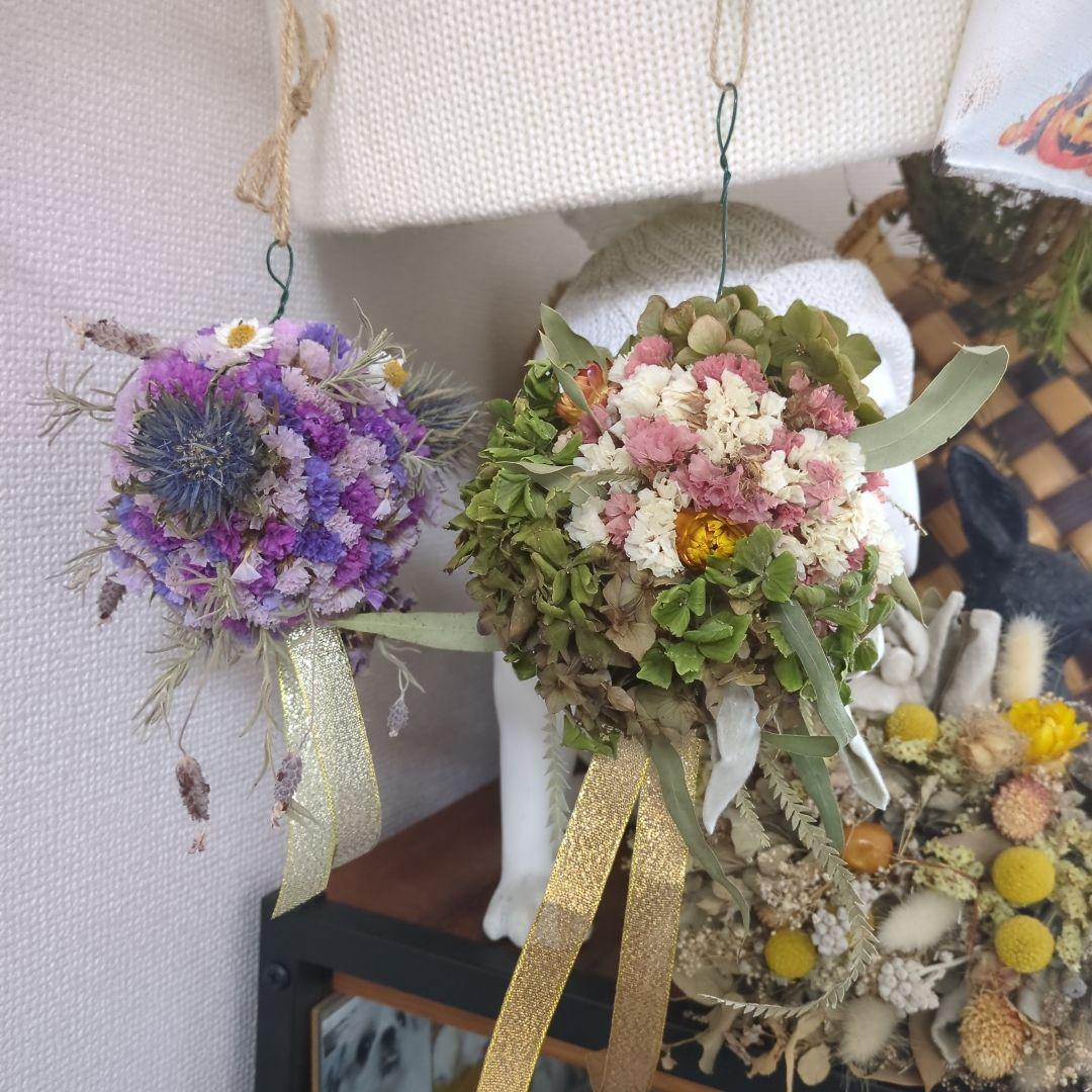 ドライフラワー★フライングリース　ボール★アンティーク　秋色紫陽花　癒し♪