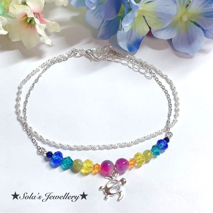 #天然石アンクレット♡ブルーサファイア&ペリドットのレインボーホヌアンクレット