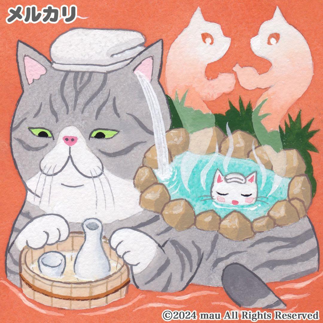 原画「猫 と 温泉」イラスト/アート/絵画/エキゾチックショートヘア/アクリル画