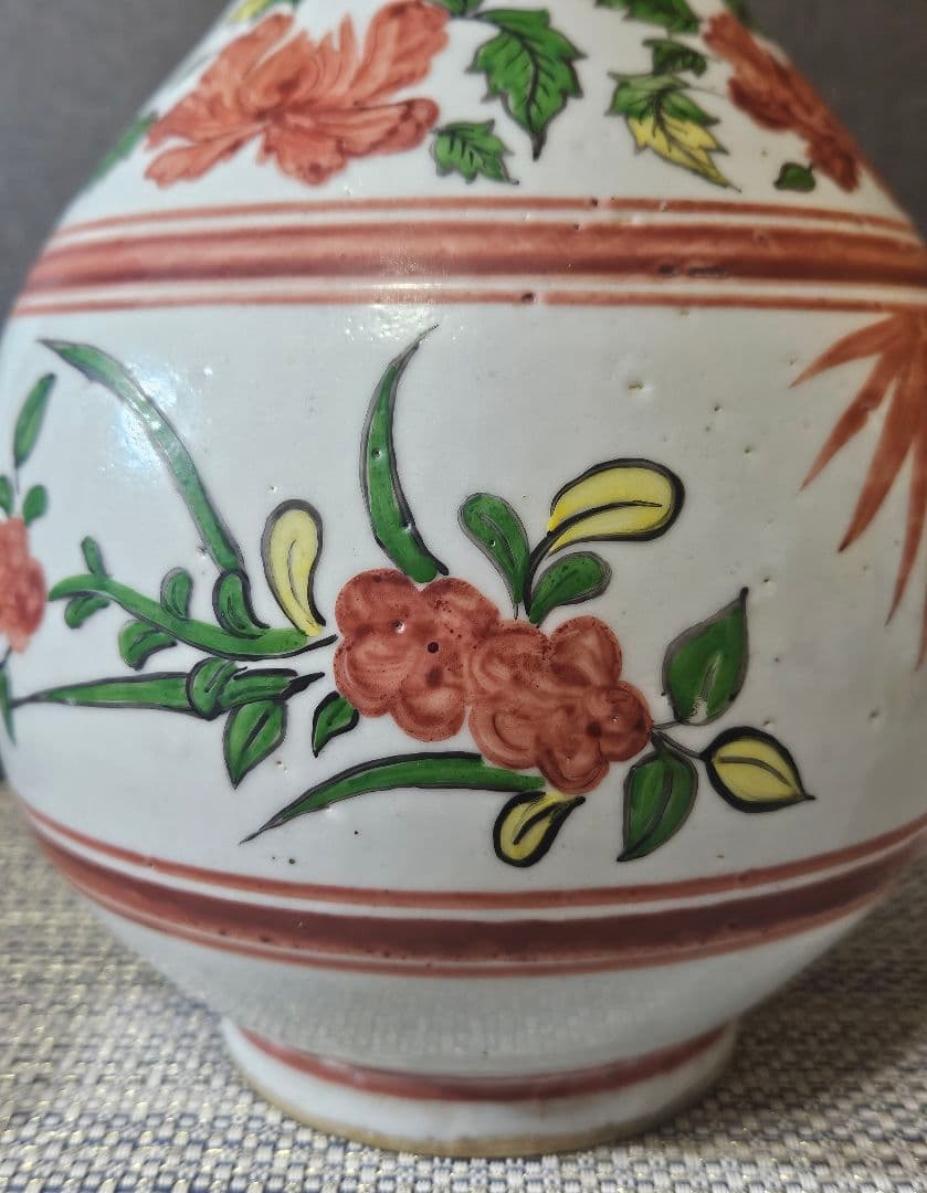 【時代古作品❗】中国古陶磁器　清代～民国期　清朝民窯　色絵　草花の図　大瓶　花入