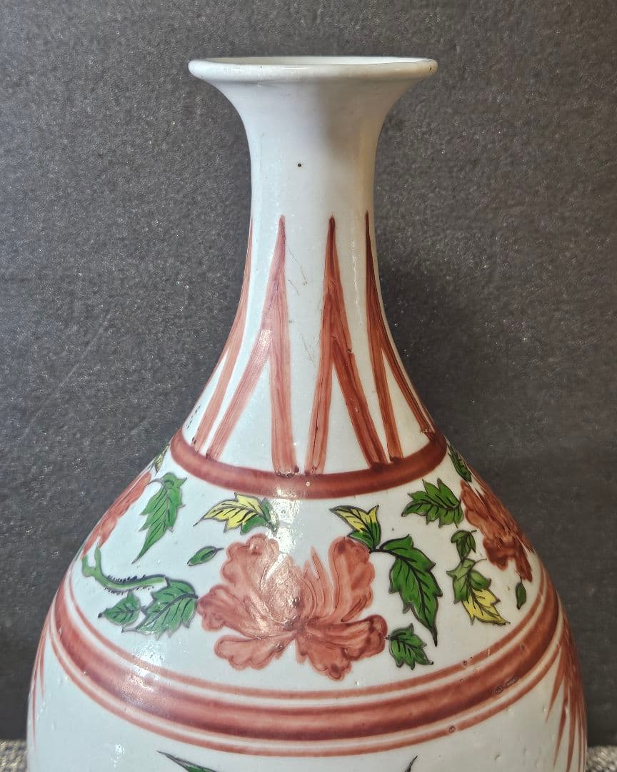 【時代古作品❗】中国古陶磁器　清代～民国期　清朝民窯　色絵　草花の図　大瓶　花入
