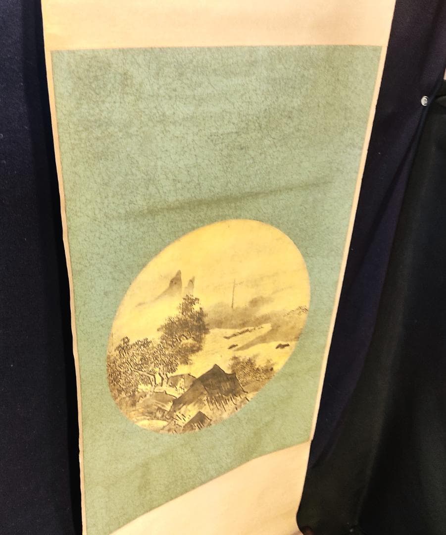 掛け軸 雪舟等楊 『円窓山水』掛軸 木製軸 紙本 水墨画