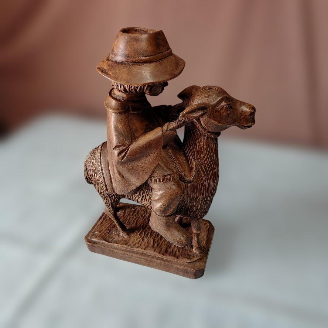 ペルー20世紀後半製民族美術硬木 繊細美麗一刀彫/ラマに乗る牧童/ヴィンテージ