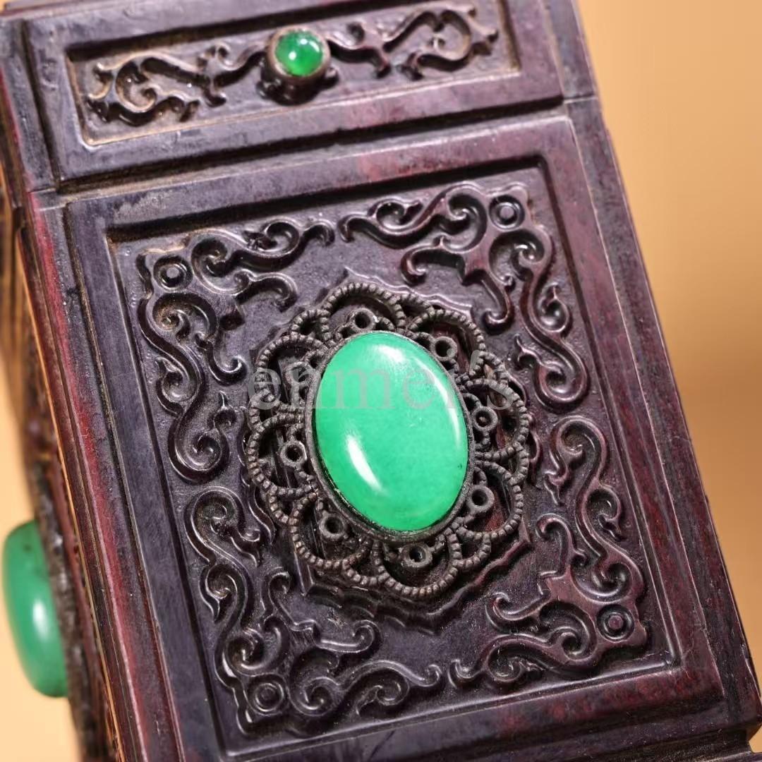 珍品旧藏収・紅木高浮彫 茶葉缶・木製彫刻収納箱・翡翠装飾置物・茶道・文房具