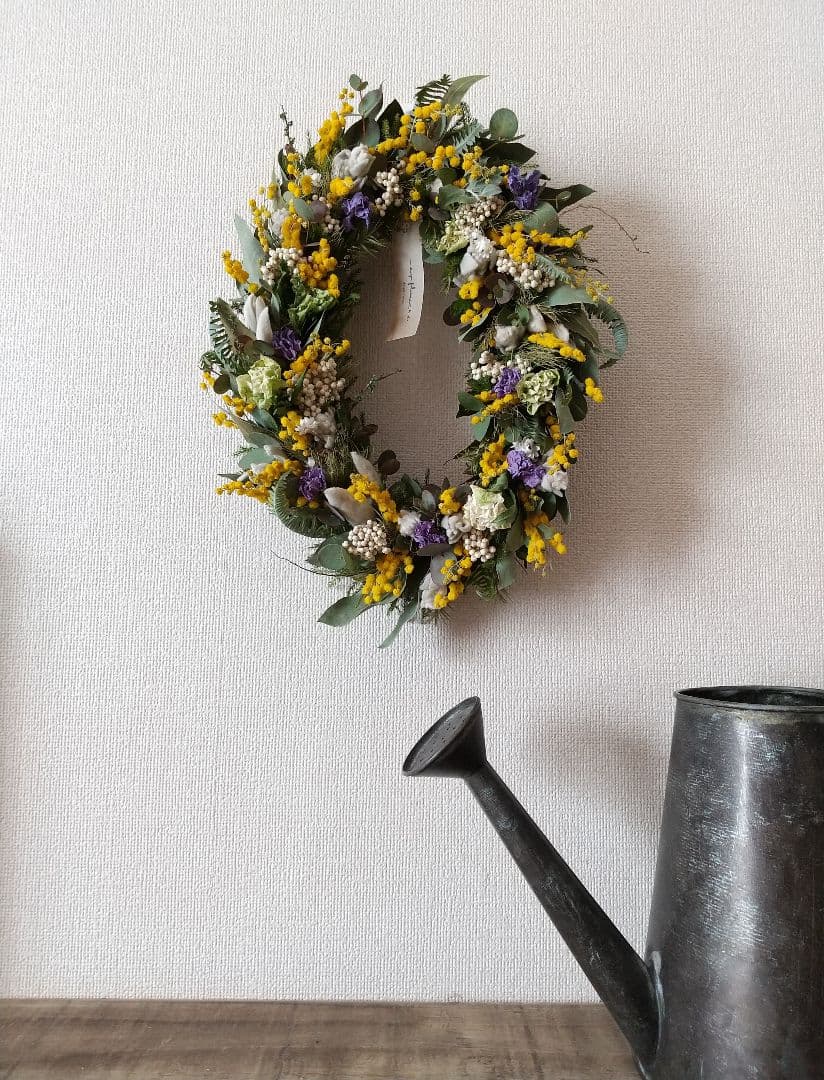 ミモザとクリスマスローズの春待ちリース オーバルリース 大きめ