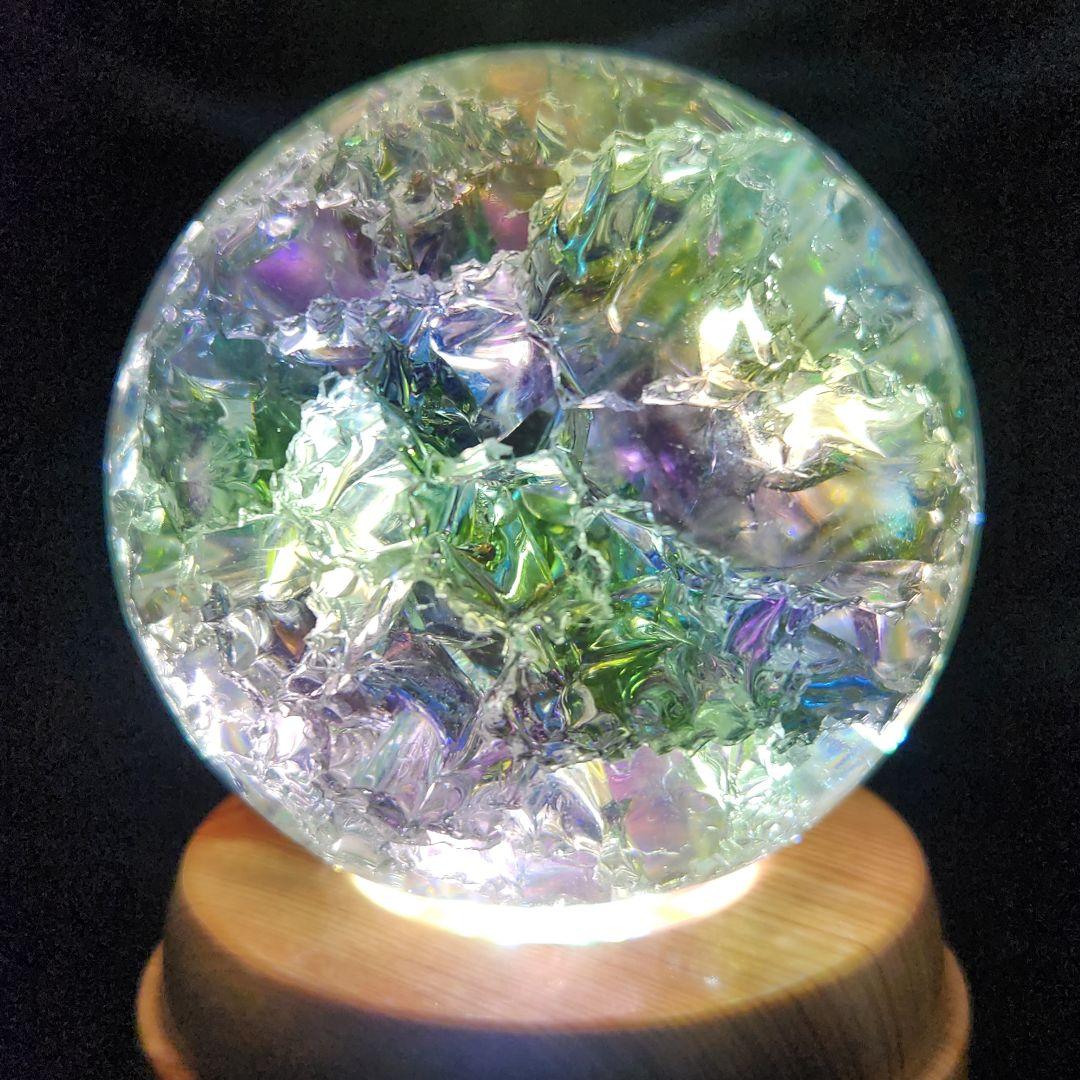 【新品】エンジェルオーラクラック水晶スフィア 特大★約78㍉サイズ★回転台座付き