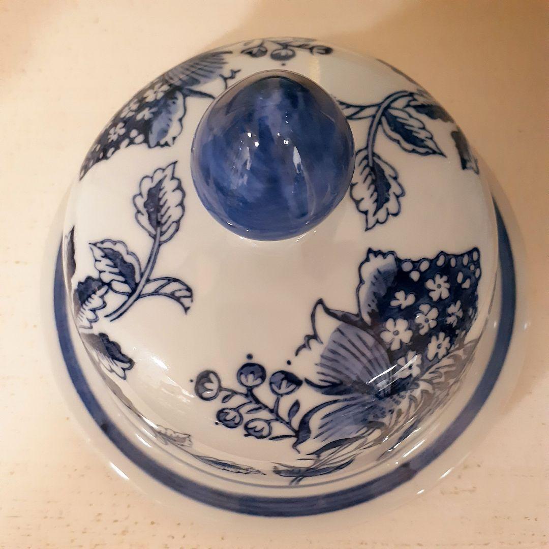 輸入雑貨　シノワズリ　『青白陶器蓋付大壷』　ハンドメイド　陶器　花柄