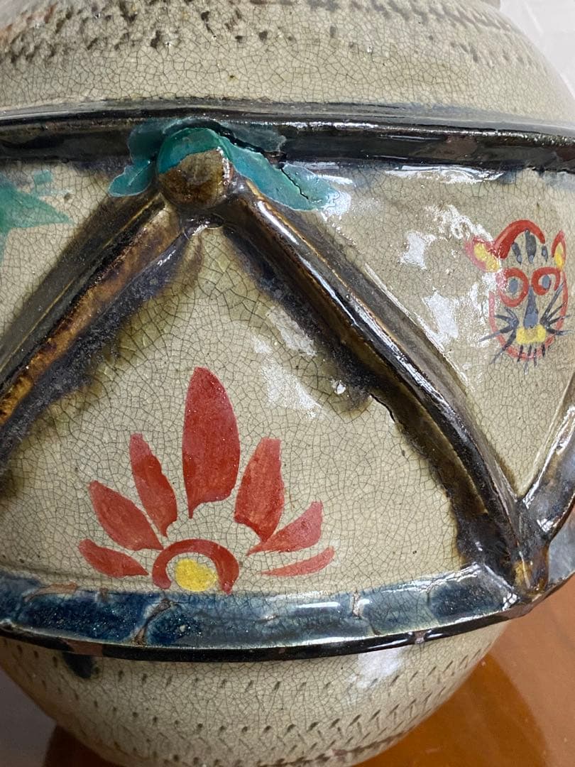 壺屋焼 小橋川永昌　仁王作 赤絵壷　花瓶　沖縄　壷屋三人男