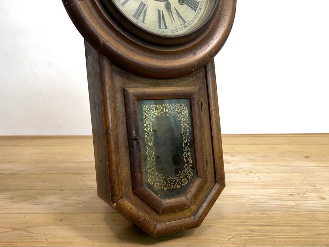 明治大正期　八角　振り子時計　木製　ゼンマイ式　2a057　古道具　アンティーク