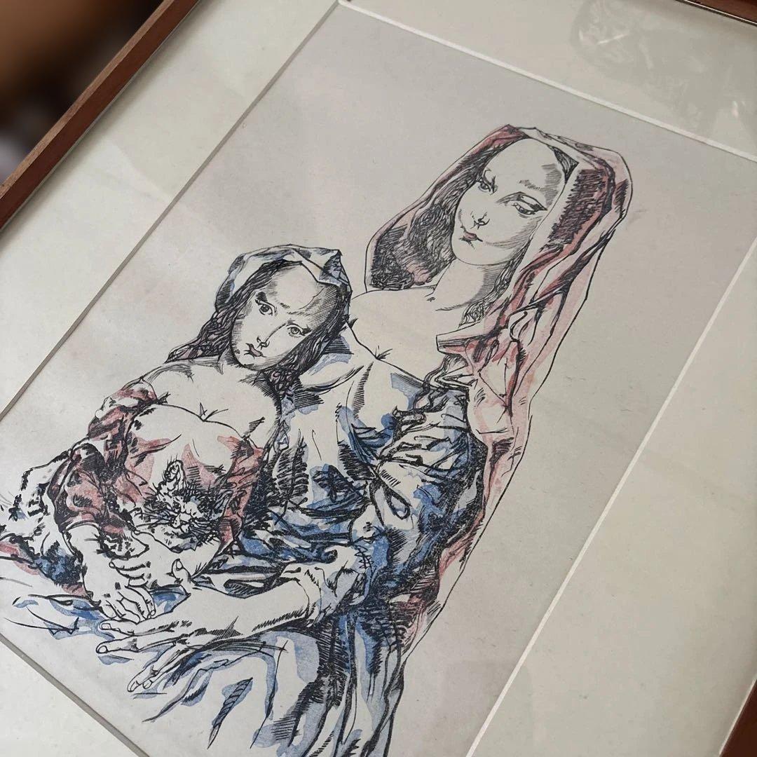レオナール藤田　藤田嗣治　母子像 リトグラフ　猫　版画　飾り絵　額装品