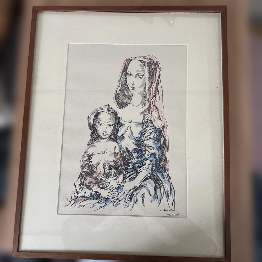 レオナール藤田　藤田嗣治　母子像 リトグラフ　猫　版画　飾り絵　額装品