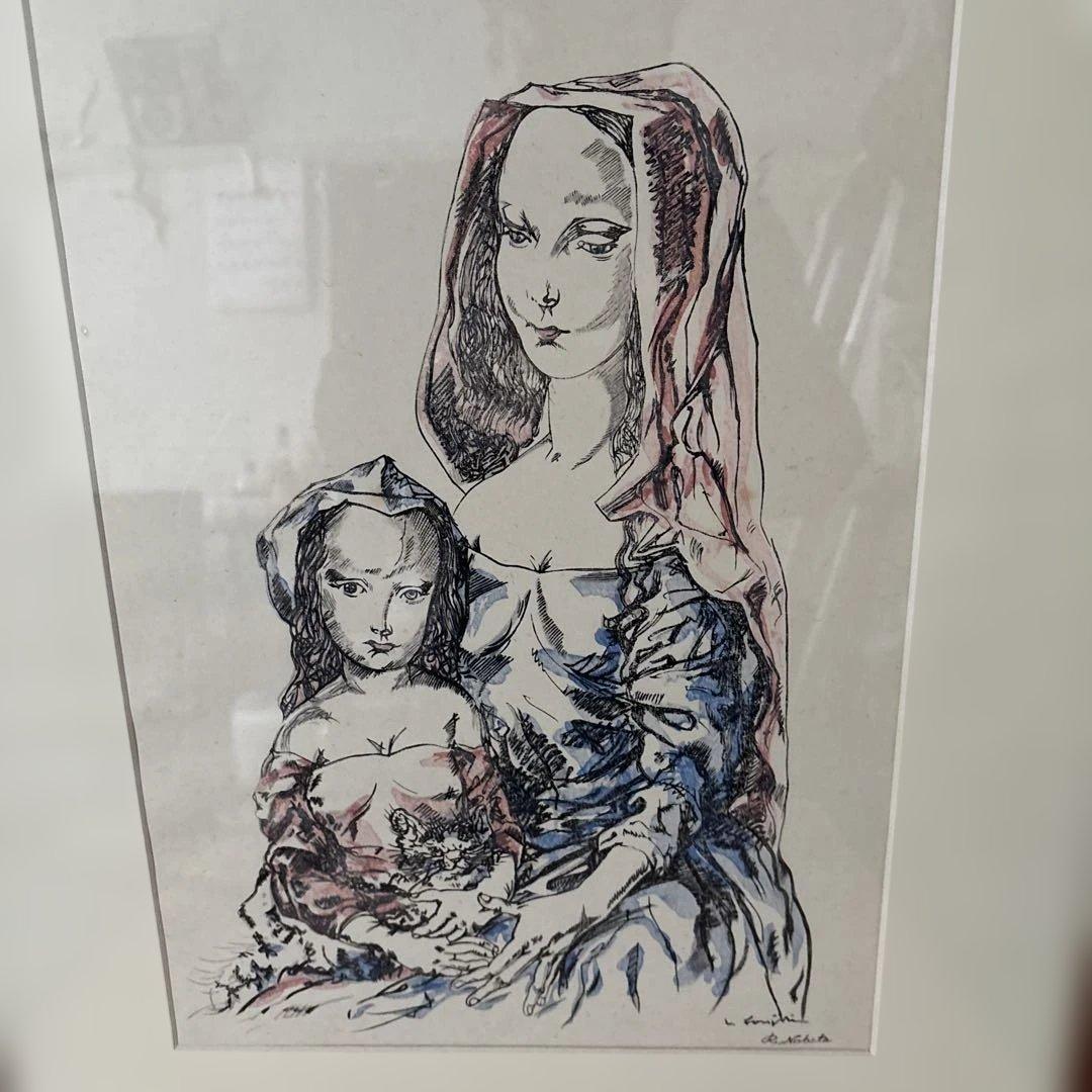 レオナール藤田　藤田嗣治　母子像 リトグラフ　猫　版画　飾り絵　額装品