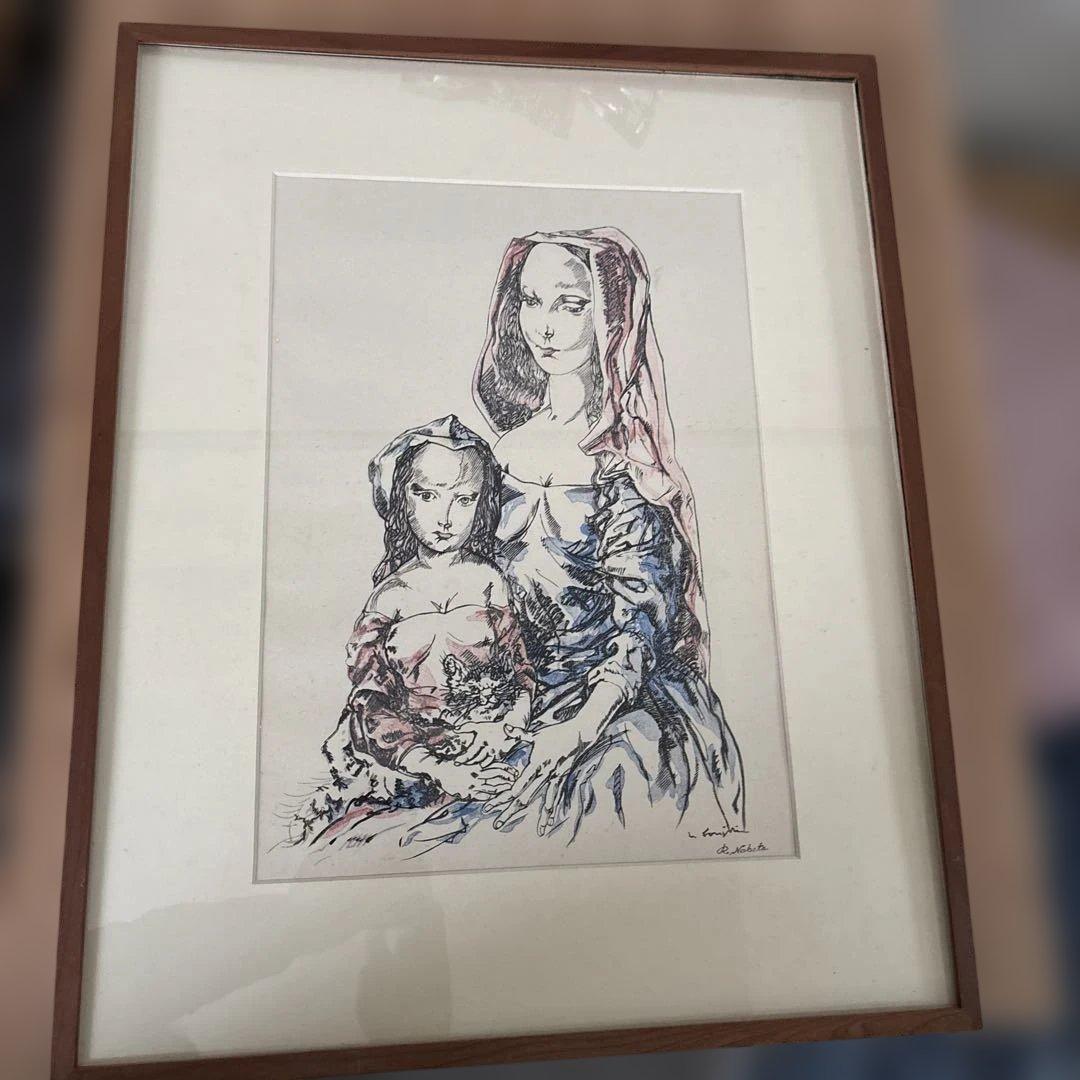 レオナール藤田　藤田嗣治　母子像 リトグラフ　猫　版画　飾り絵　額装品