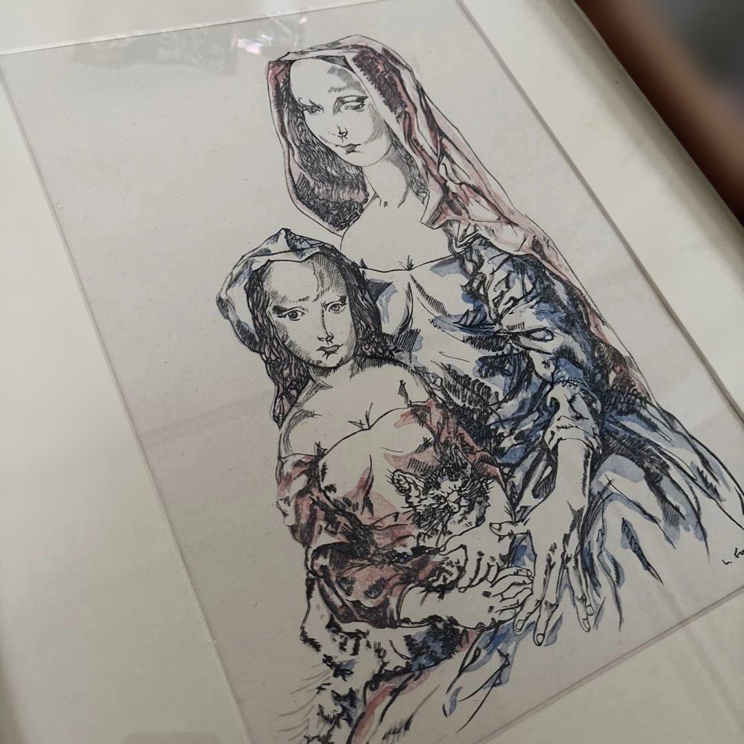 レオナール藤田　藤田嗣治　母子像 リトグラフ　猫　版画　飾り絵　額装品