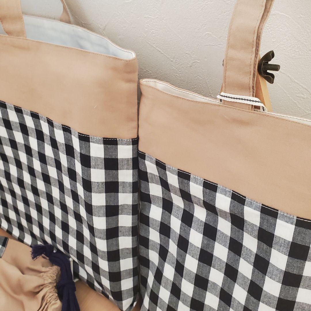 ブラックチェック柄トートバッグ＆巾着袋セット