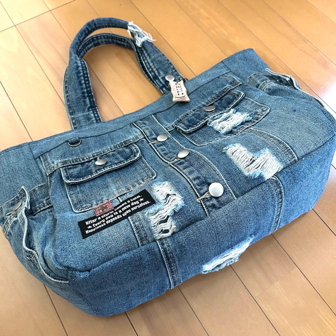 995.デニムリメイク トートバッグ　ジージャン　ダメージ