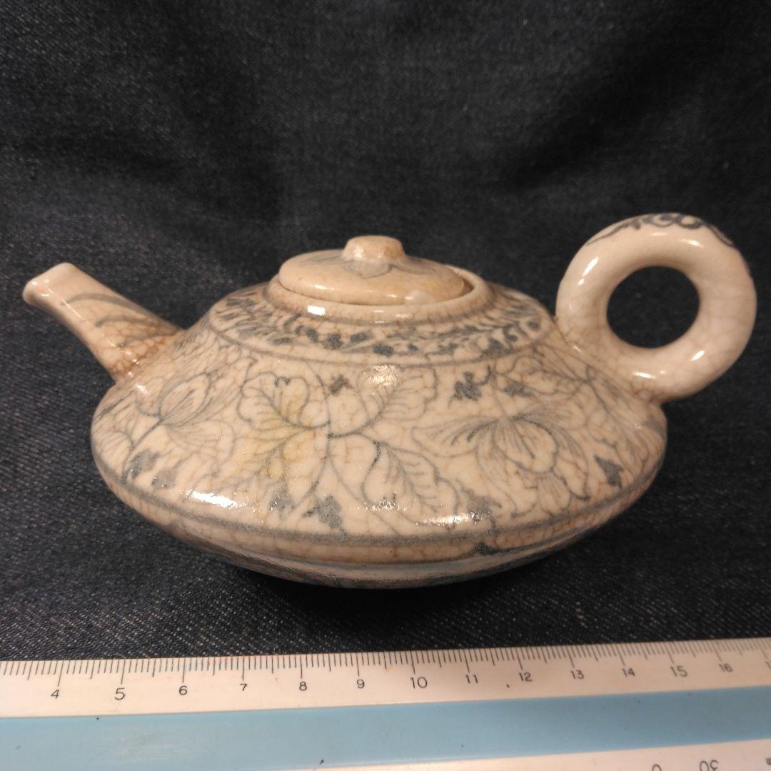 古い陶器急須 花柄 ひび割れ釉薬　中国　煎茶　骨董　古玩
