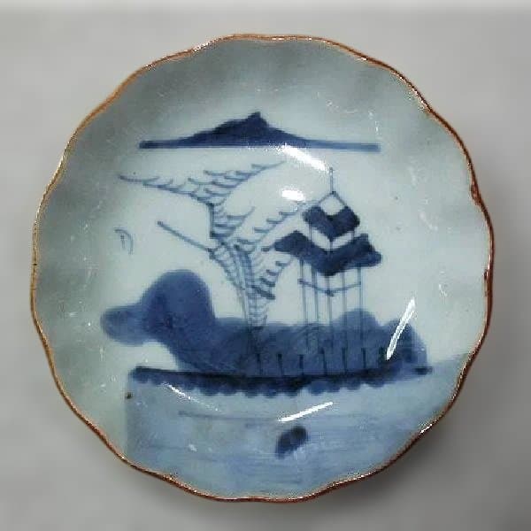 伊万里 楼閣山水図 なます皿 7枚 染付 輪花 骨董品(江戸後期～明治期)