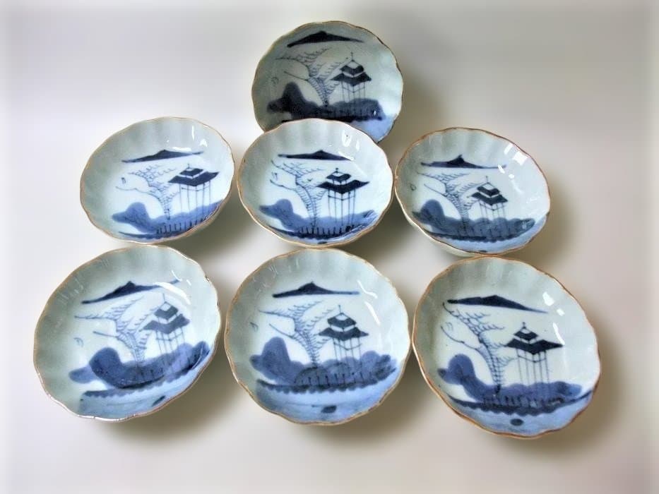 伊万里 楼閣山水図 なます皿 7枚 染付 輪花 骨董品(江戸後期～明治期)