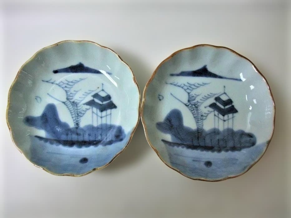 伊万里 楼閣山水図 なます皿 7枚 染付 輪花 骨董品(江戸後期～明治期)
