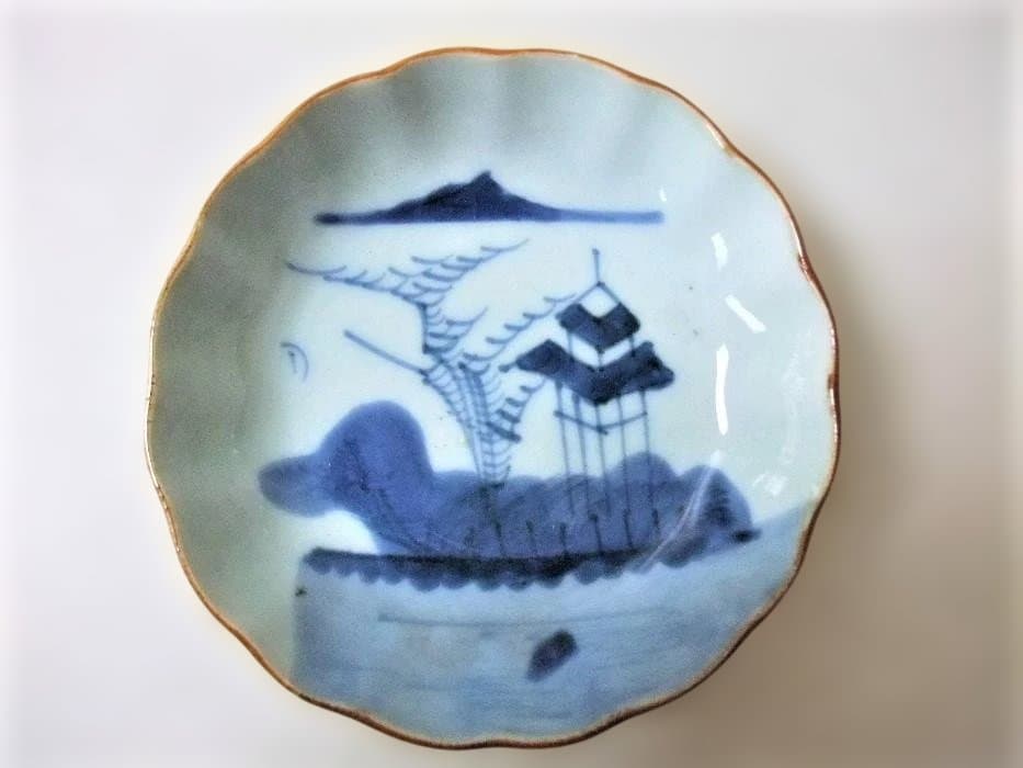 伊万里 楼閣山水図 なます皿 7枚 染付 輪花 骨董品(江戸後期～明治期)