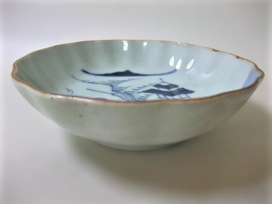 伊万里 楼閣山水図 なます皿 7枚 染付 輪花 骨董品(江戸後期～明治期)