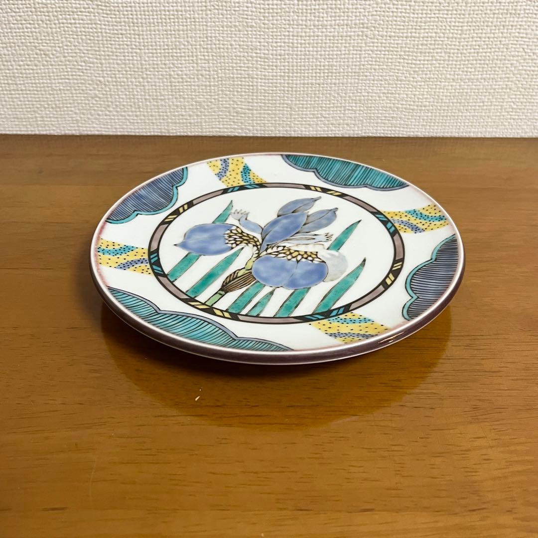 【影山明志 色絵菖蒲紋陶板】 共箱 共布 栞 個展出品作品